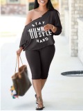 LW COTTON Plus Size Casual Batwing Sleeve Letter Print Black Two-piece Shorts Set
