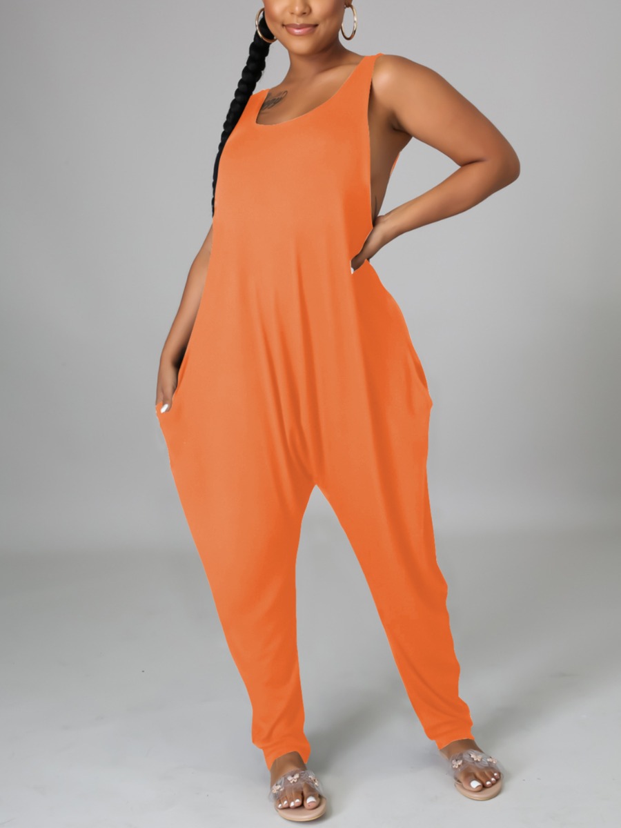 

Lovely Street U Neck Pocket Design Orange One-piece Jumpsuit