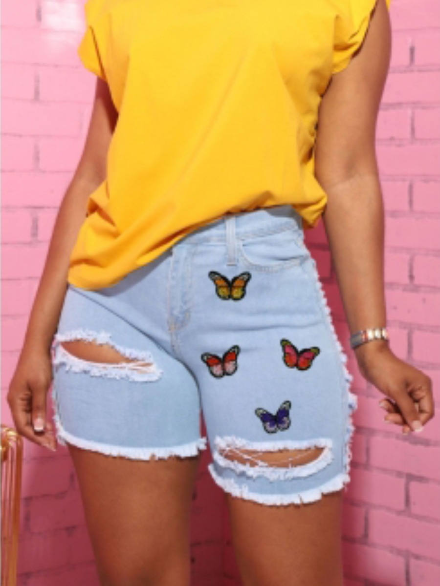 

LW Street Butterfly Print Ripped Baby Blue Denim Shorts