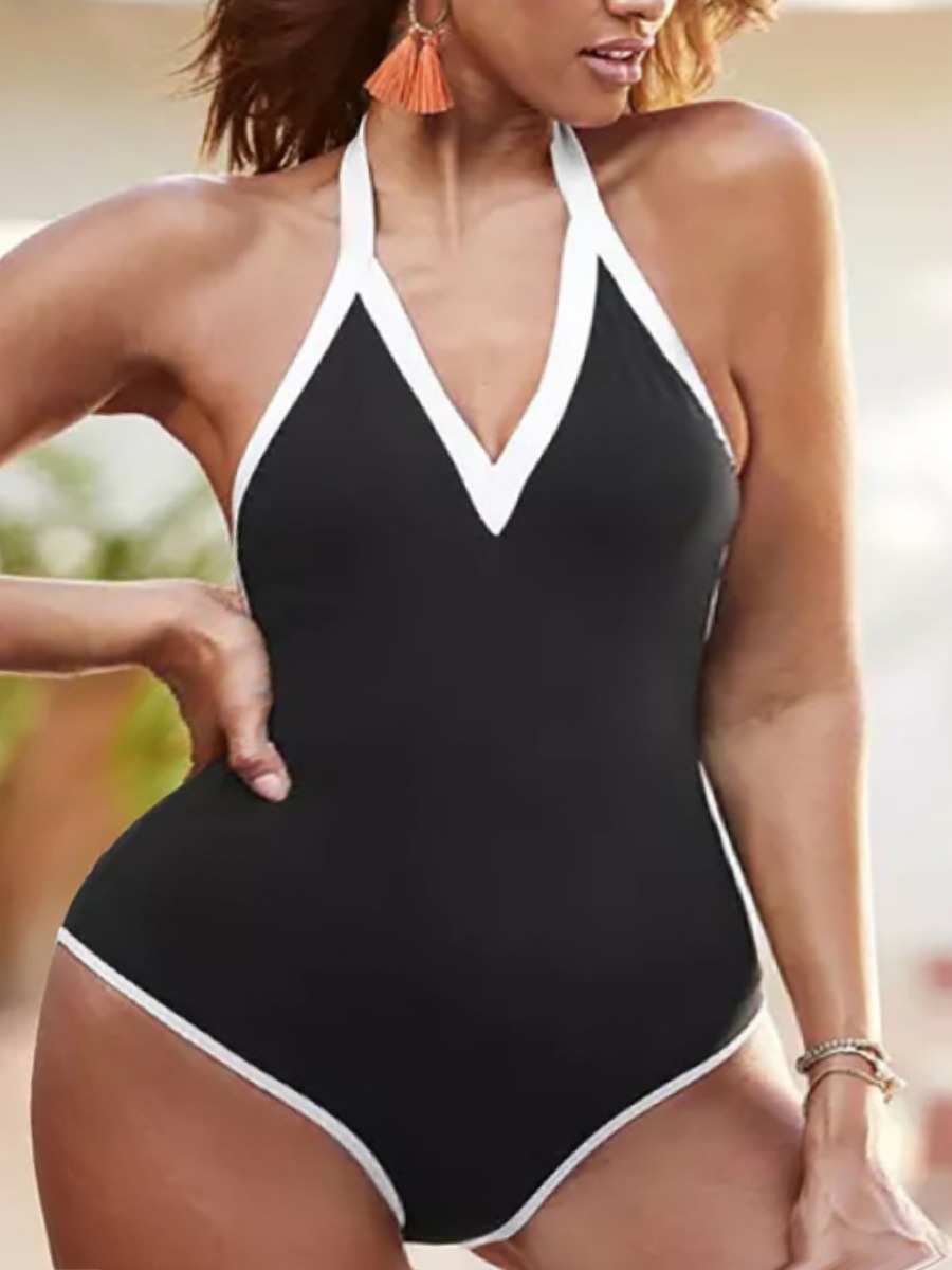 

Lovely Boho Backless Patchwork Black One-piece Swimsuit