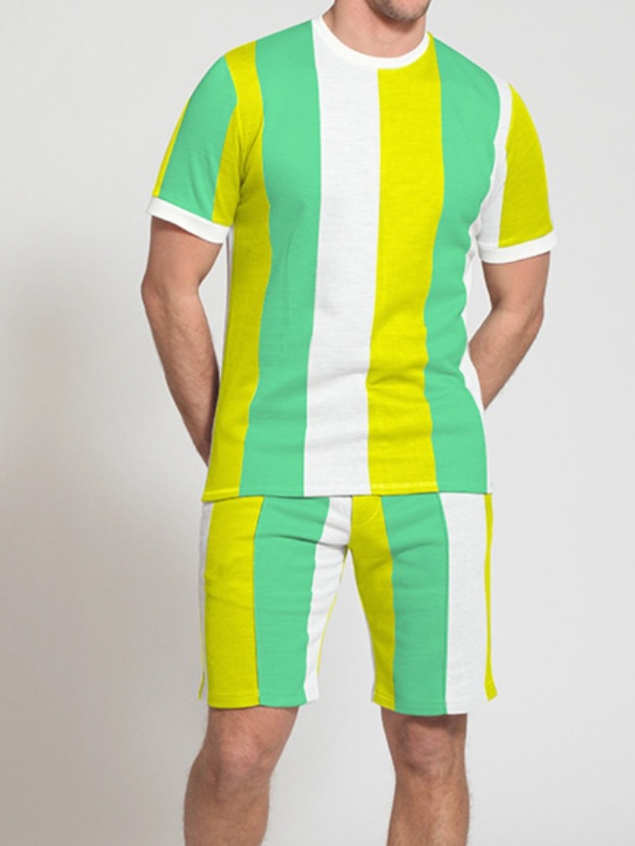 

Lovely Men Casual Striped Drawstring Green Two Piece Shorts Set
