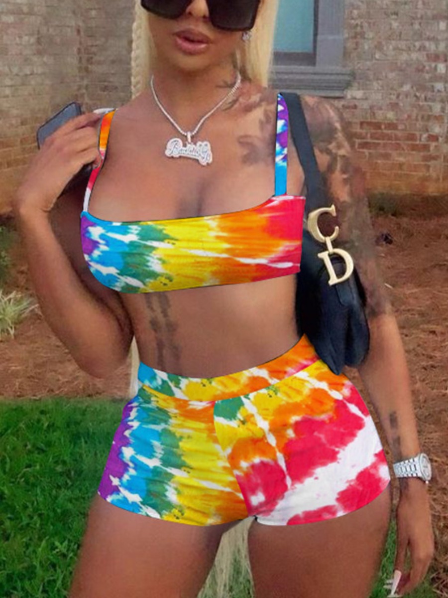 

Lovely Casual Tie Dye Skinny Yellow Two Piece Shorts Set