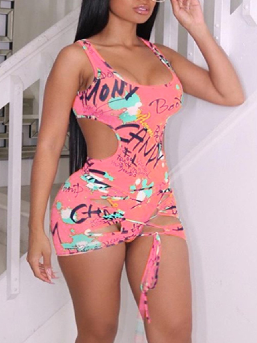 

Lovely Boho Letter Print Hollow-out Pink One-piece Swimsuit (With Skirt)