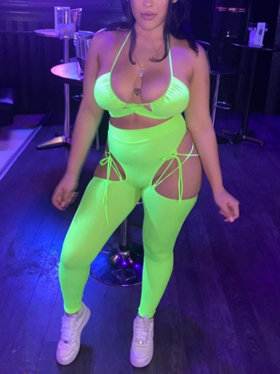 

LW Sexy Bandage Hollow-out Design Green Two Piece Pants Set