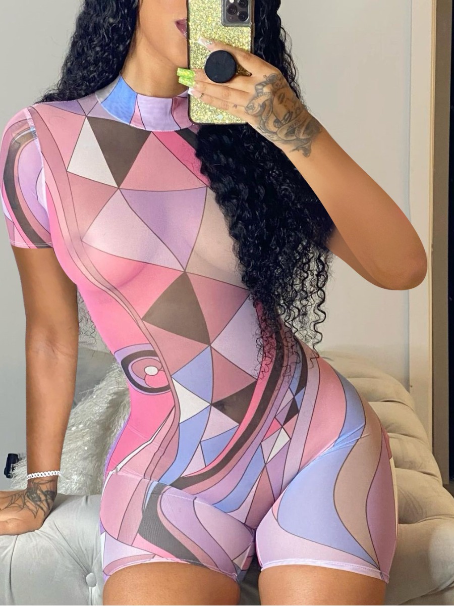 

Lovely Sexy Geometric Print See-through Pink One-piece Romper