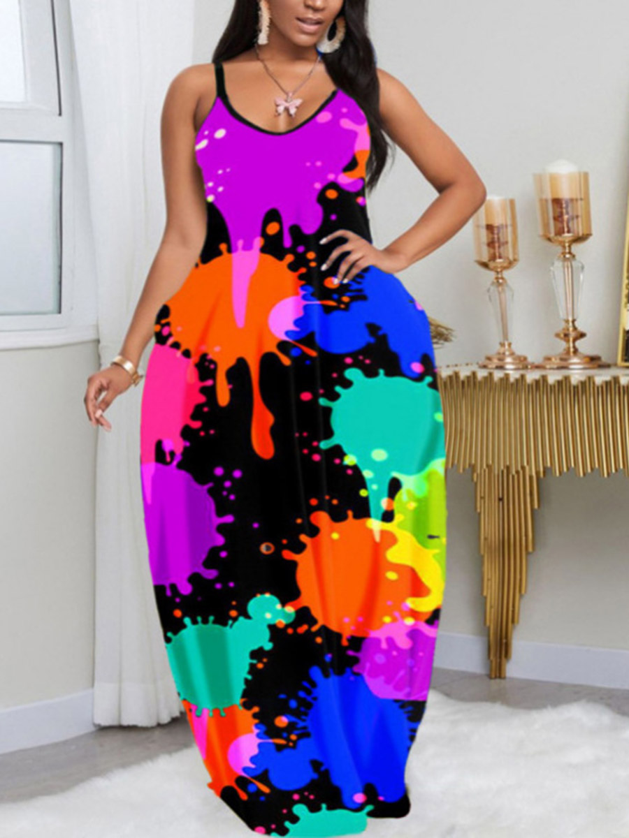 

LW BASICS Plus Size Street Print Patchwork Black Floor Length Dress