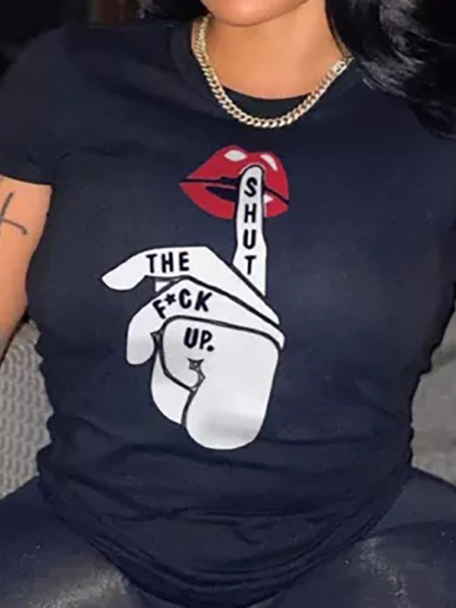 LW Casual Lip Letter Print Black T-shirt