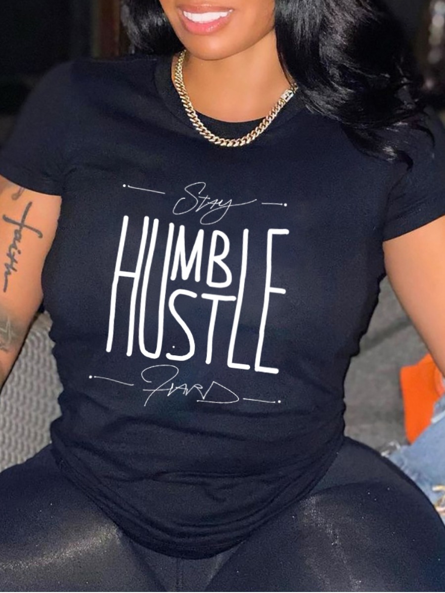 

Lovely Casual Round Neck Letter Print Black T-shirt