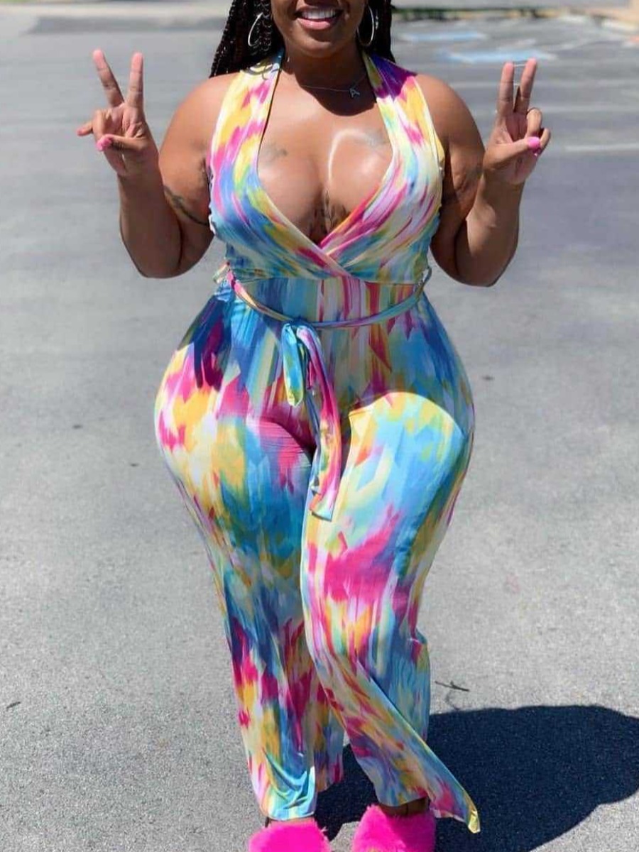 

LW Plus Size Street V Neck Tie-dye Multicolor One-piece Jumpsuit, Multi