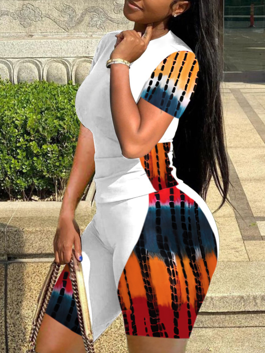 LovelyWholesale Plus Size Round Neck Tie Dye Shorts Set Summer Short Sleeve Casual Basic Round Neck  5X Spring Summer 2024