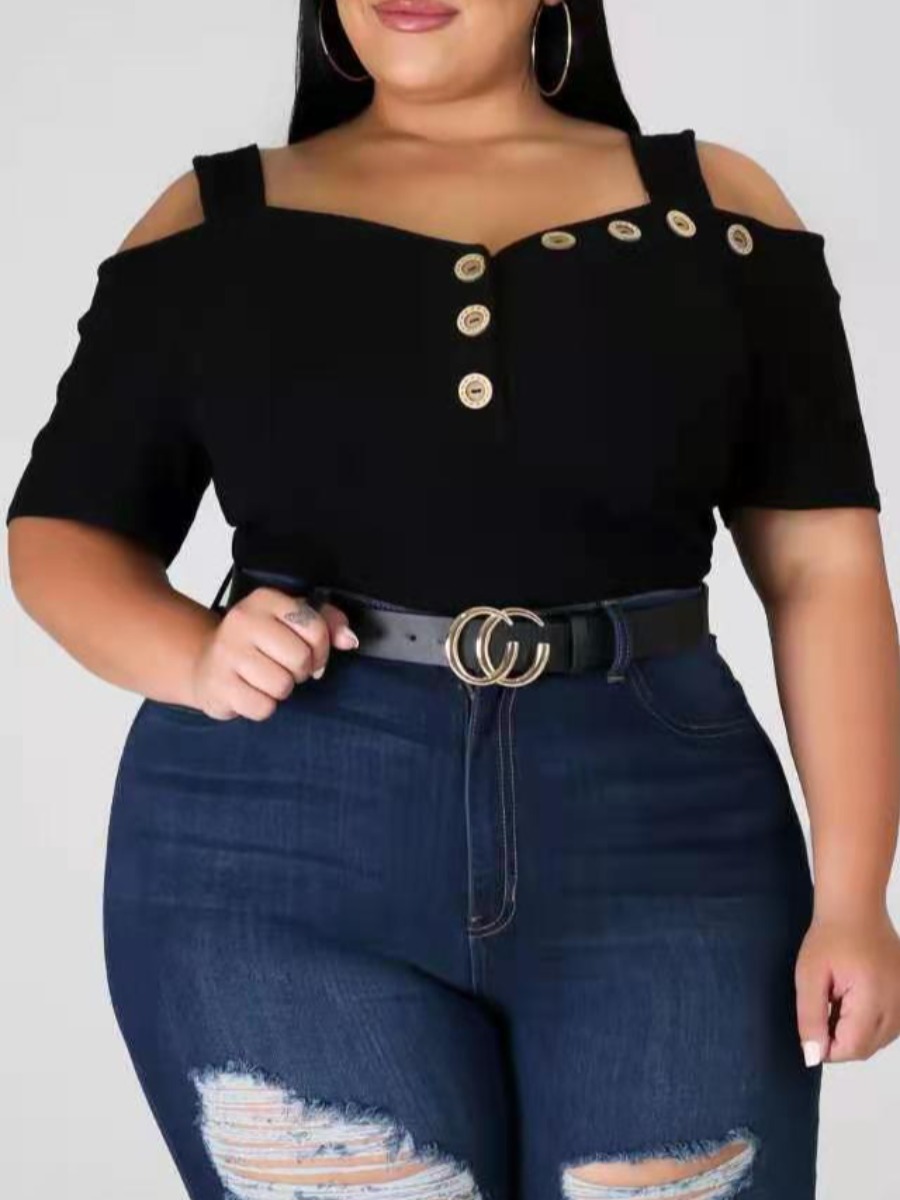 

Lovely Plus Size Casual Hollow-out Button Design Black T-shirt