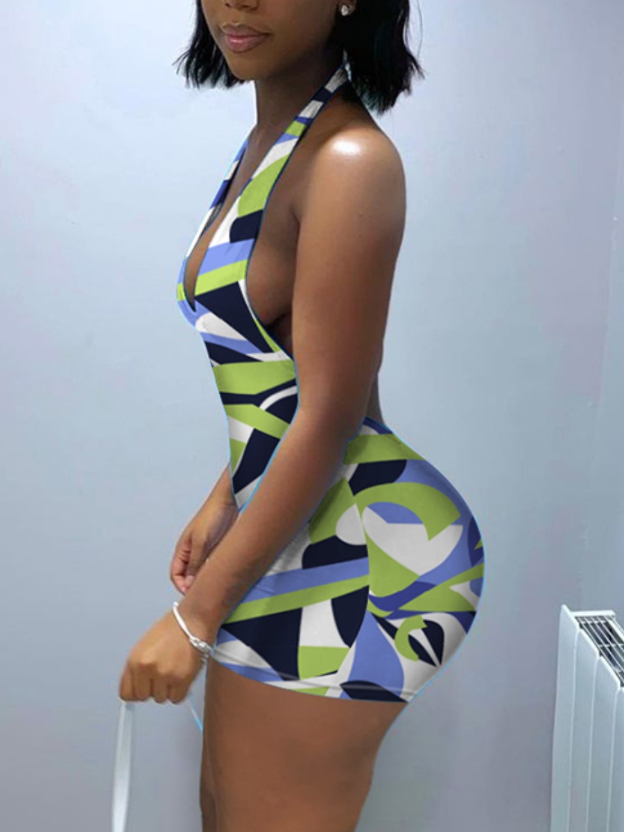 

Lovely Sexy Geometric Print Backless Muliticolor One-piece Romper, Multi