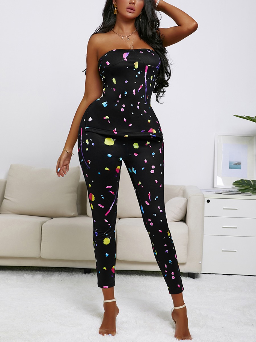 

LW Casual Off The Shoulder Splash Ink Print Black Two Piece Pants Set