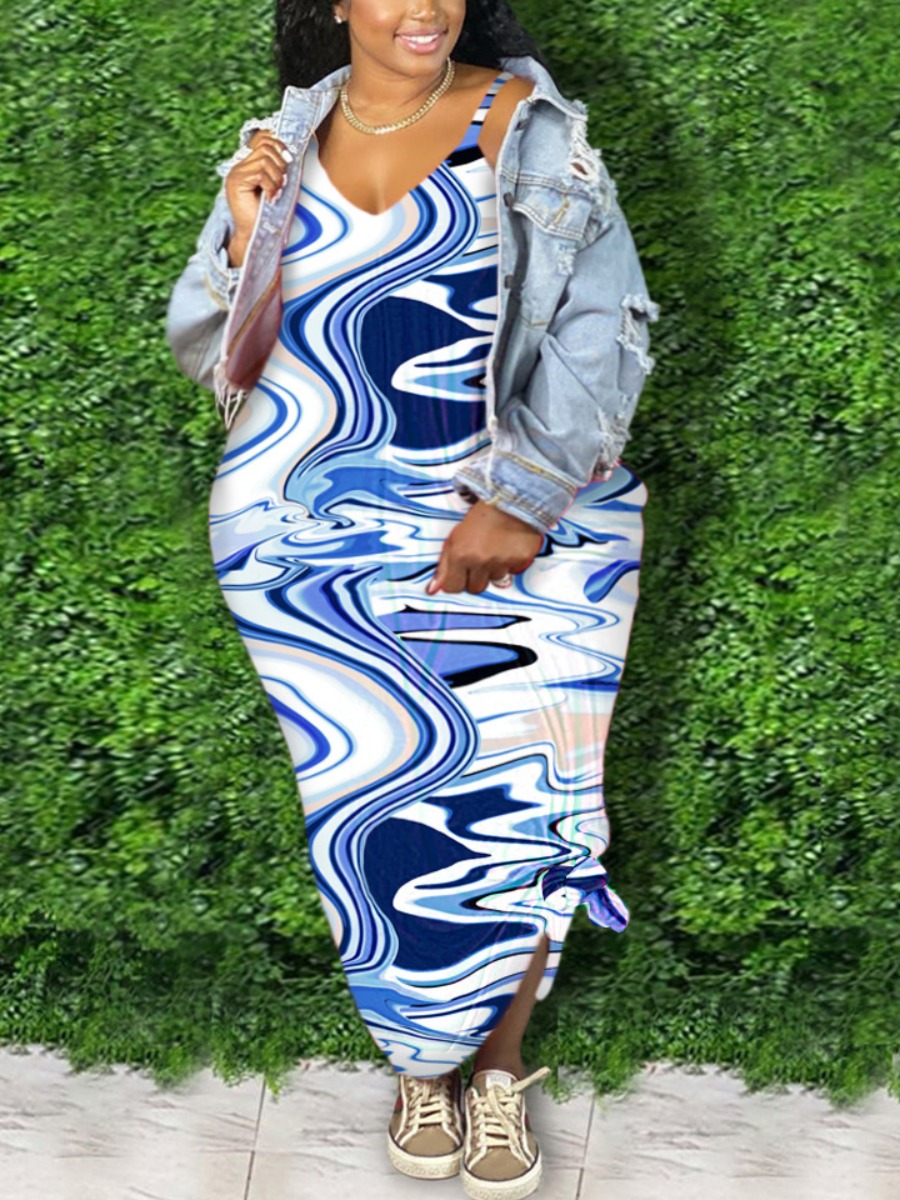 

Lovely Plus Size Casual U Neck Mixed Print Blue Ankle Length Dress