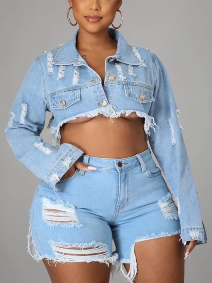 

Lovely Plus Size Street Turndown Collar Ripped Baby Blue Denim Coat