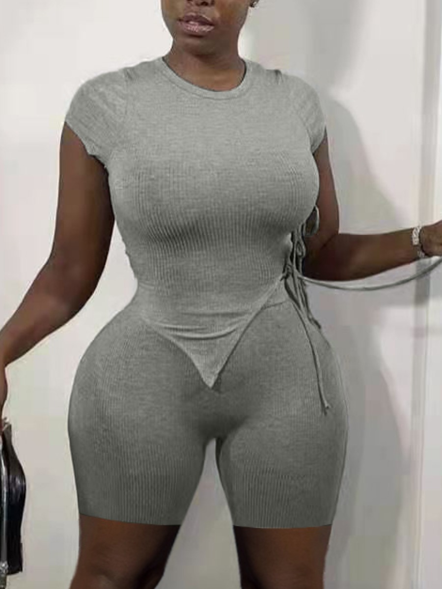 

Lovely Casual O Neck Bandage Design Asymmetrical Grey Two Piece Short set