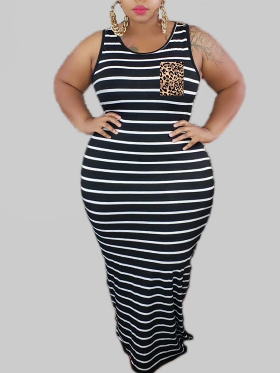 

Lovely Plus Size Casual Round Neck Striped Black Floor Length Dress