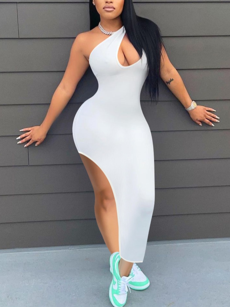 

Lovely Sexy One Shoulder Slit White Ankle Length Dress