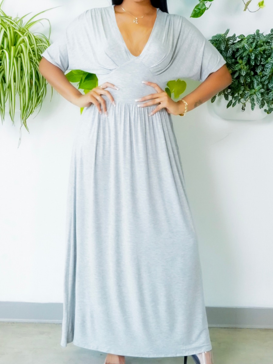 

Lovely Casual V Neck Elastic Grey Ankle Length A Line Dress