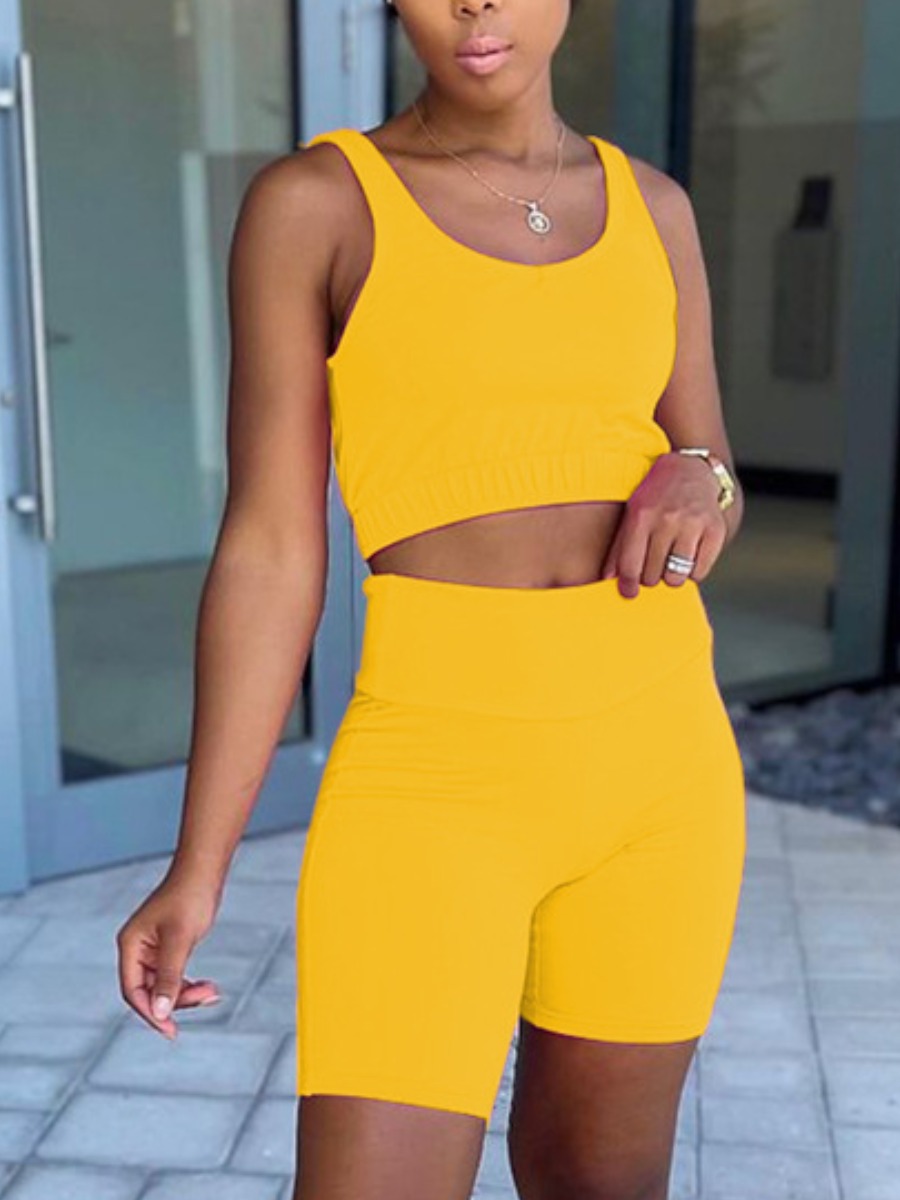 

LW Sporty U Neck Elastic Yellow Two Piece Shorts Set