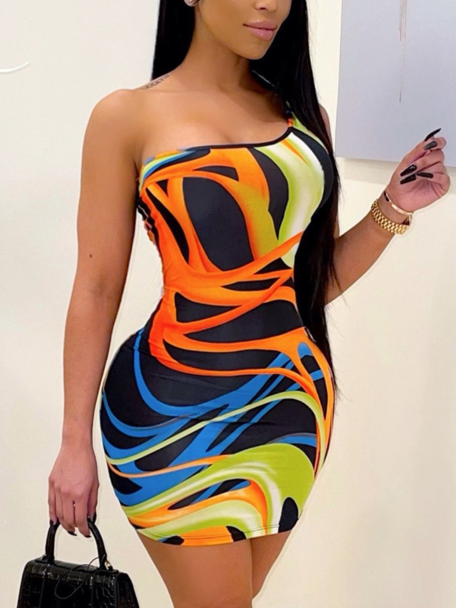 

LW SXY One Shoulder Print Bandage Design Croci Mini Dress