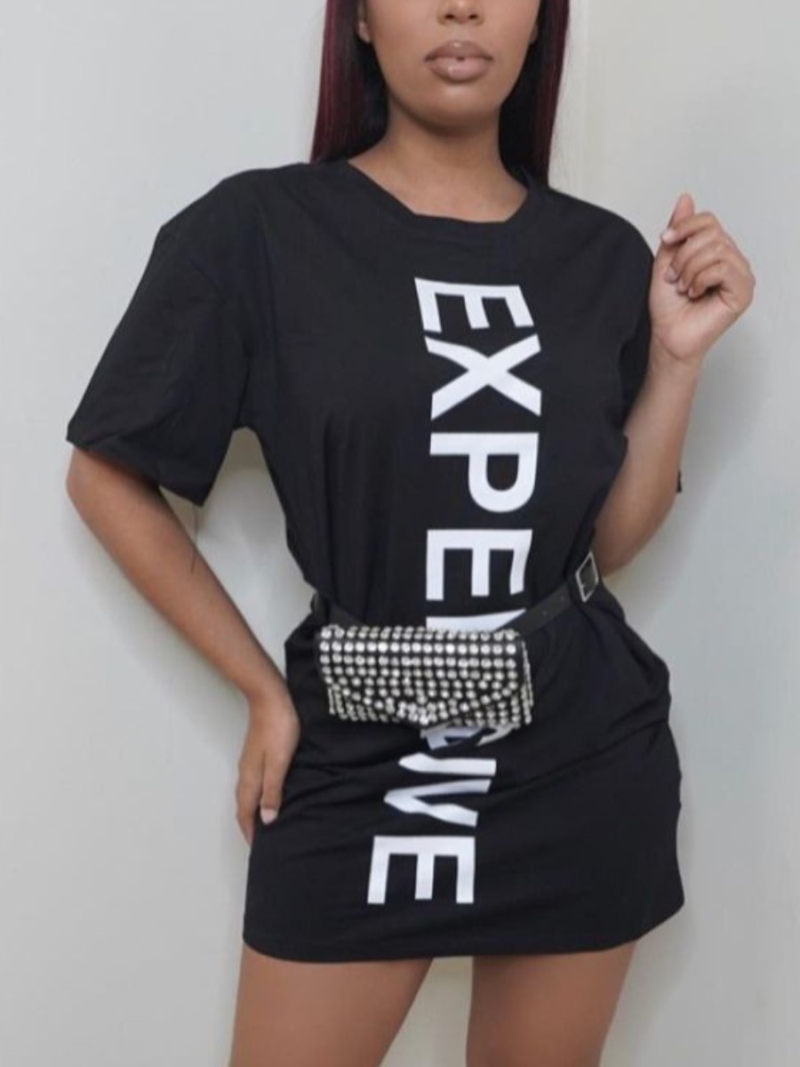 

Lovely Casual Round Neck Letter Print Black Mini Dress