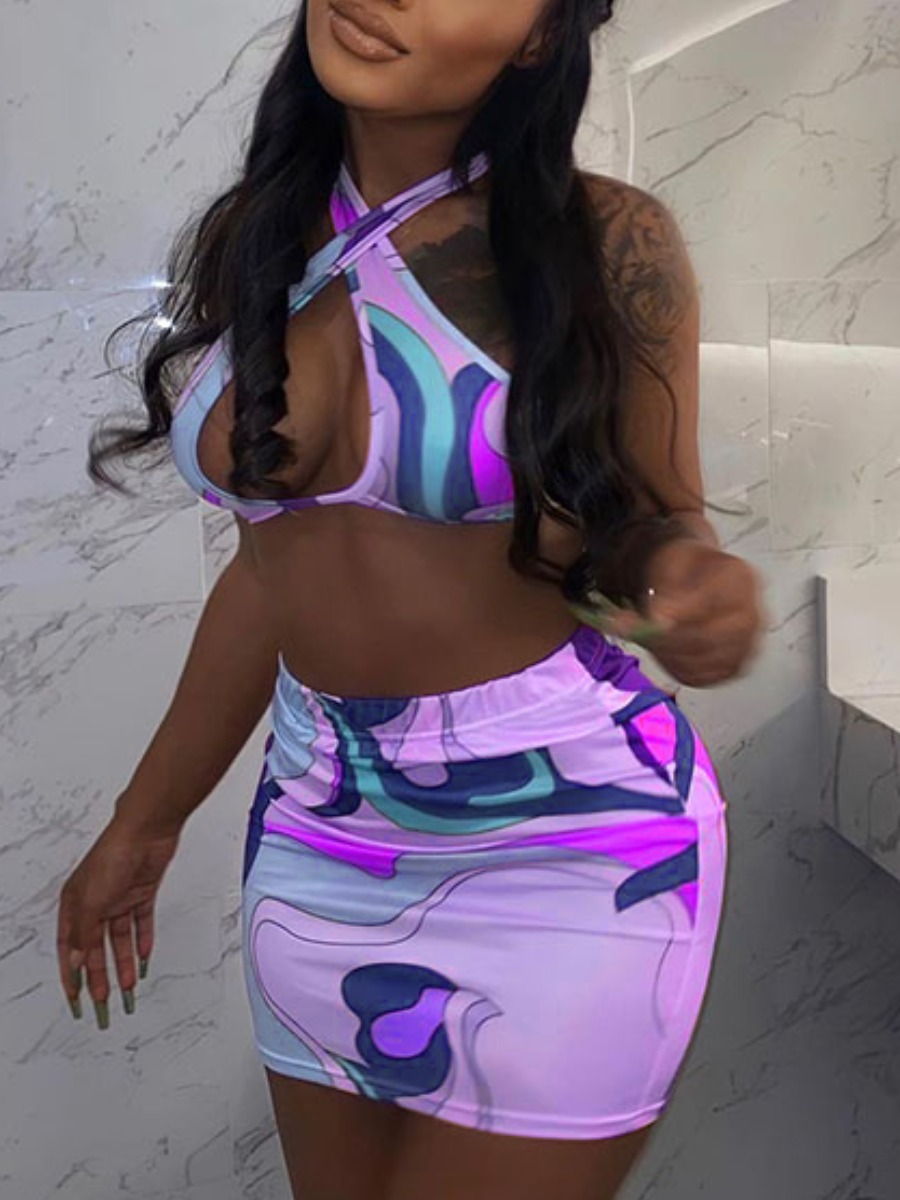 

Lovely Boho Print Hollow-out Purple Two-piece Swimsuit