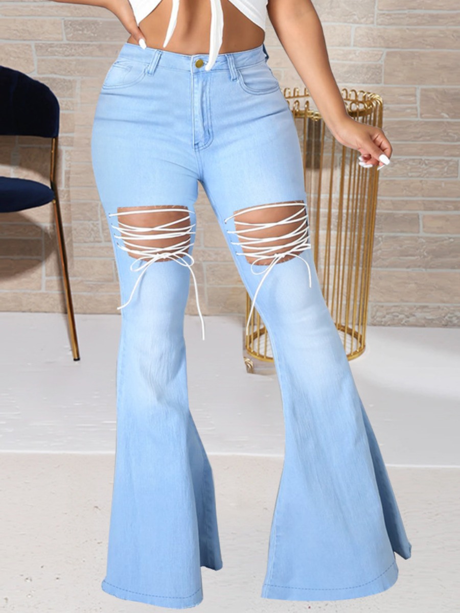 

Lovely Casual Bandage Design Ripped Flared Baby Blue Jeans