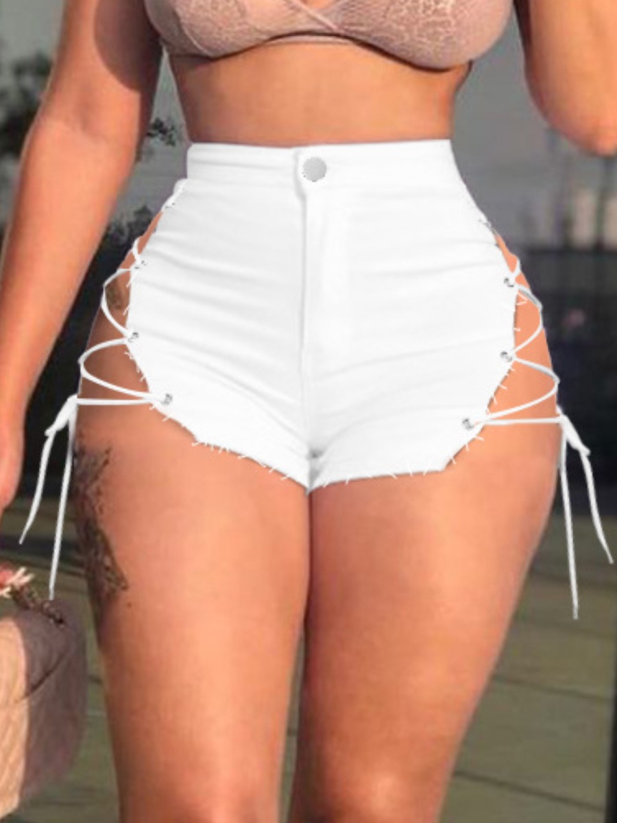 

Lovely Street Bandage Hollow-out Design White Denim Shorts