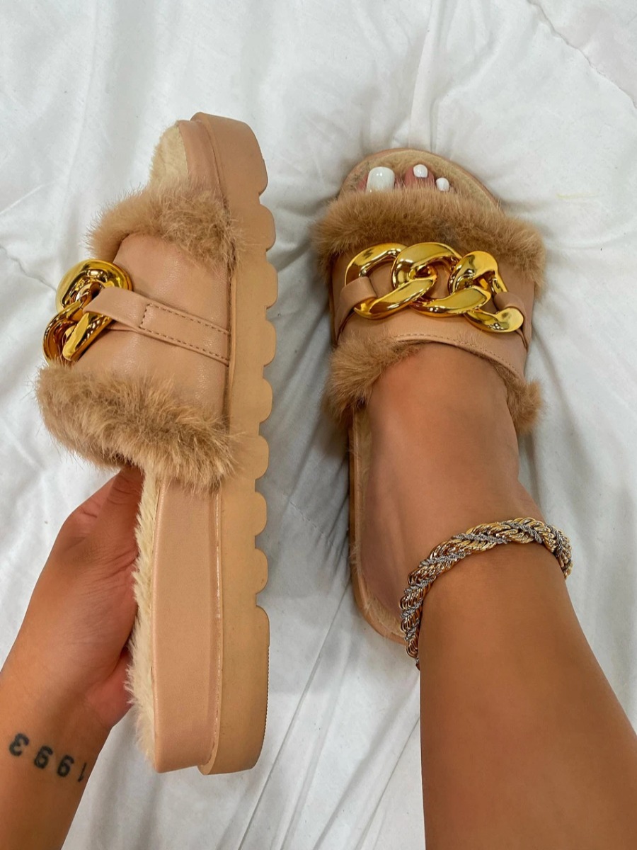 LW Casual Fluffy Chain Decoration Brown Platform Slides