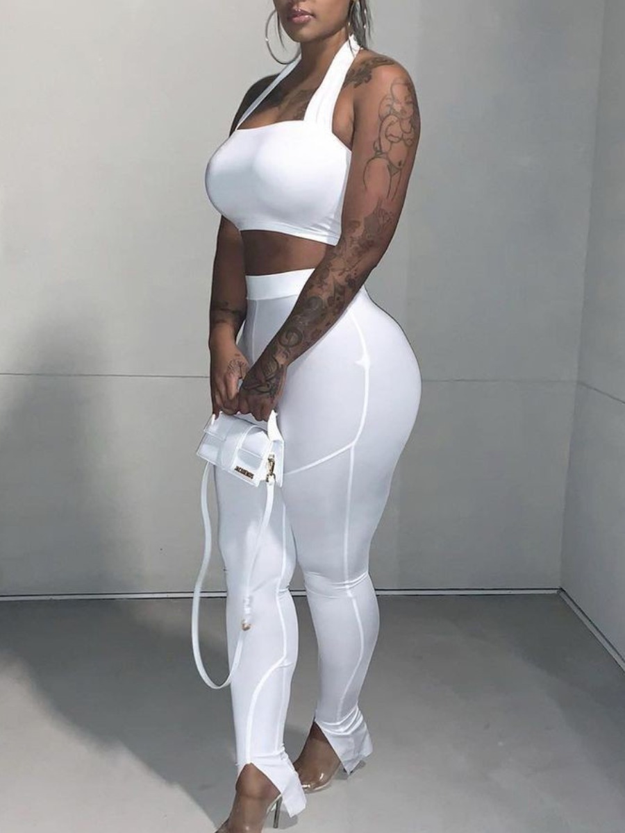 

Lovely Plus Size Street Skinny Elastic White Two-piece Pants Set