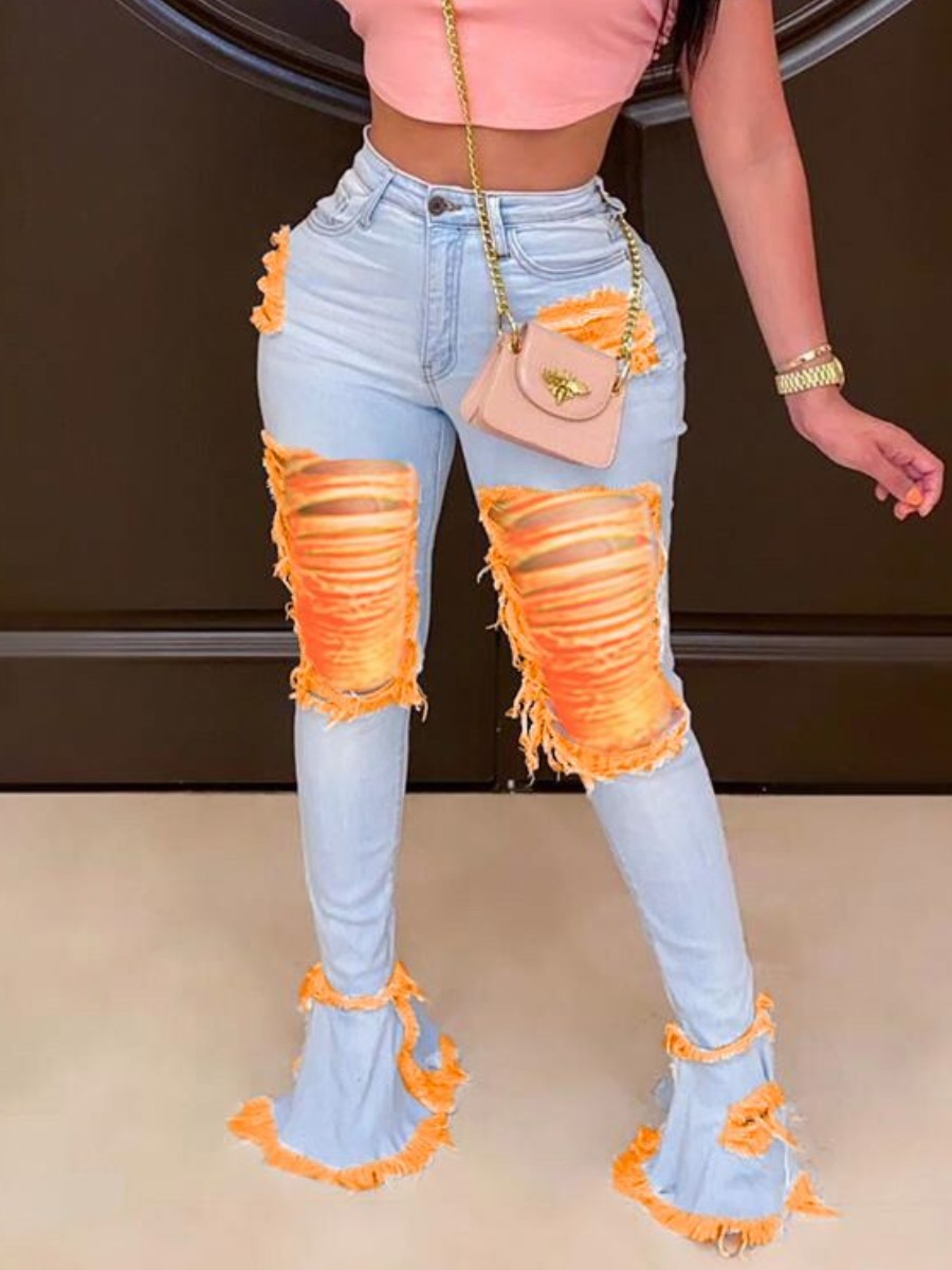 

Lovely Street Ripped Flared Light Blue Orange Jeans, Dusty pink