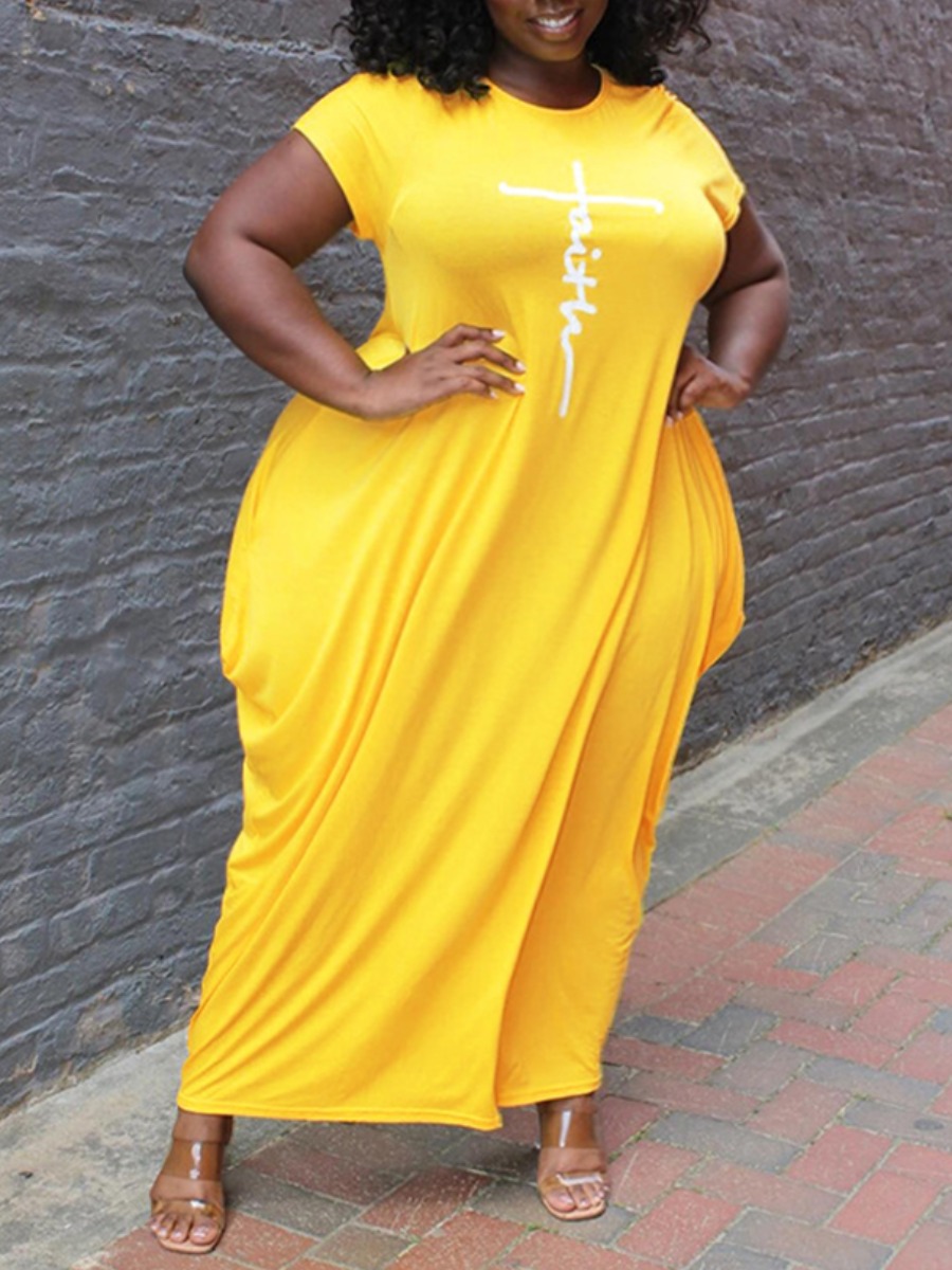 

Lovely Plus Size Casual Letter Print Fold Design Yellow Ankle Length Dress
