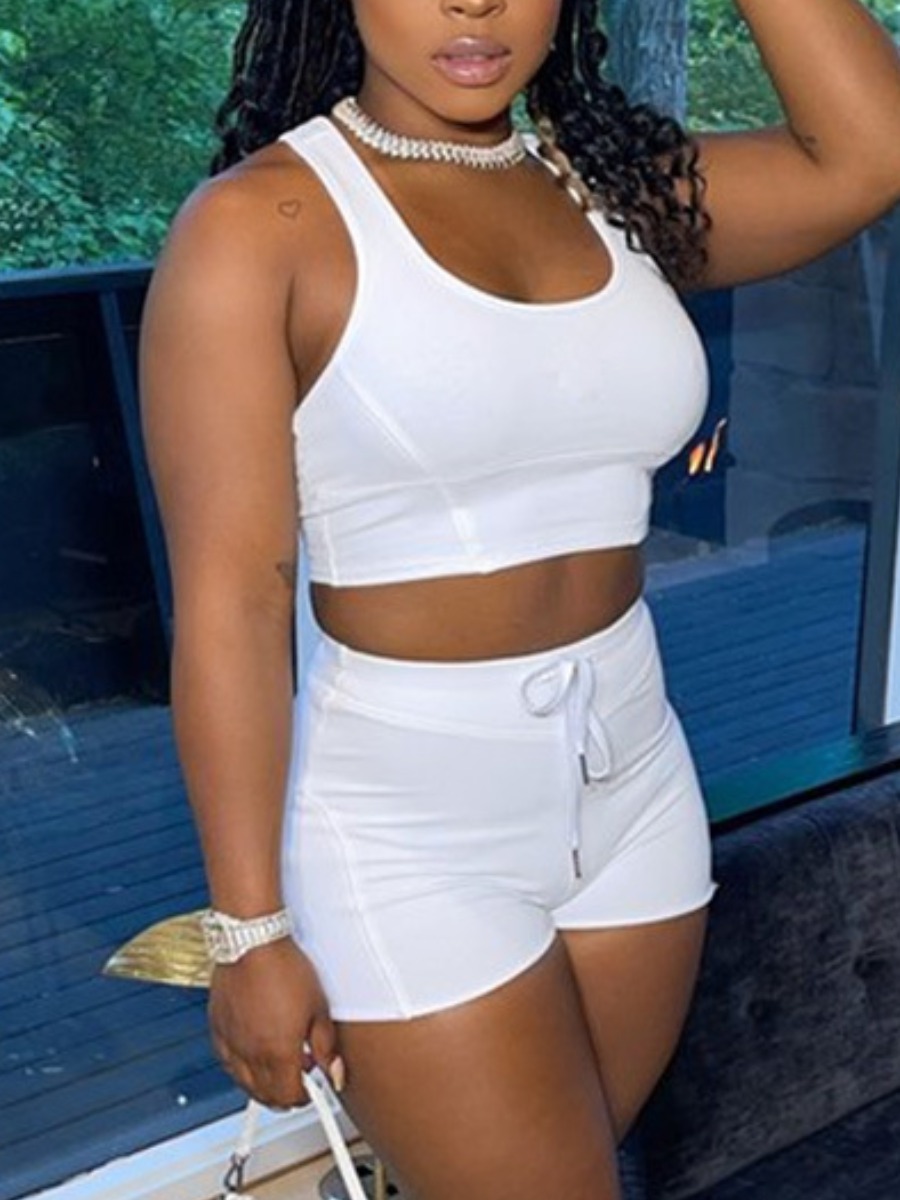 

Lovely Casual U Neck Dawstring White Two Piece Shorts Set