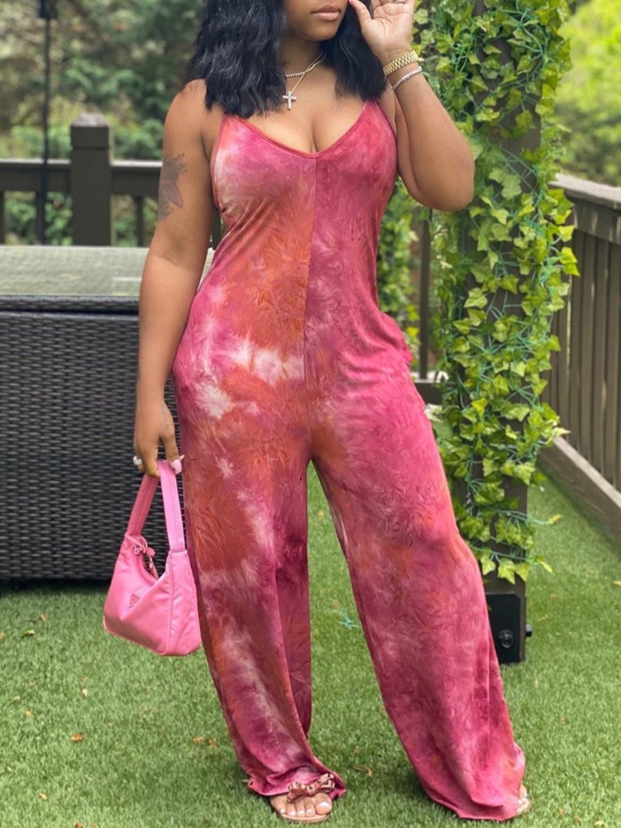 

LW Casual V Neck Tie-dye Rose Red One-piece Jumpsuit