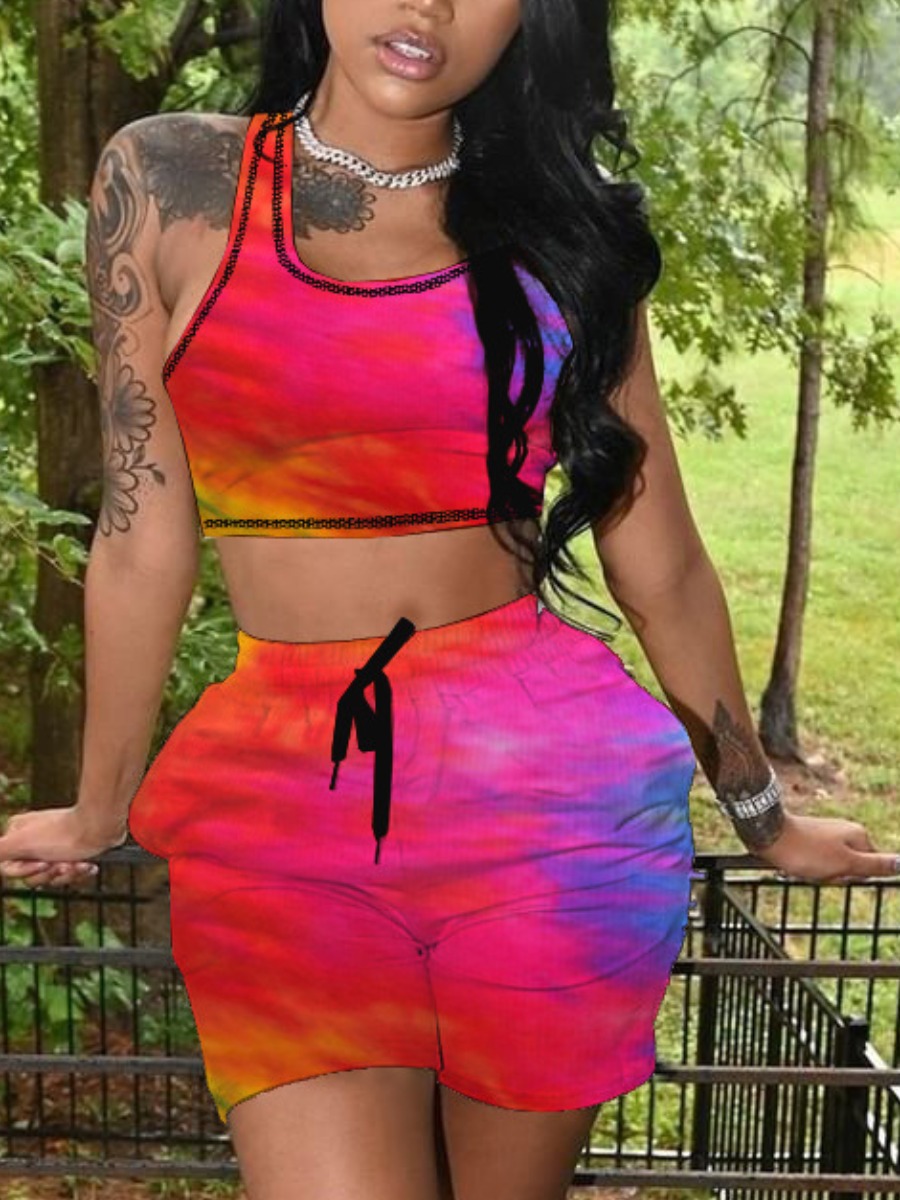 

Lovely Street Tie-dye Drawstring Red Two Piece Shorts Set