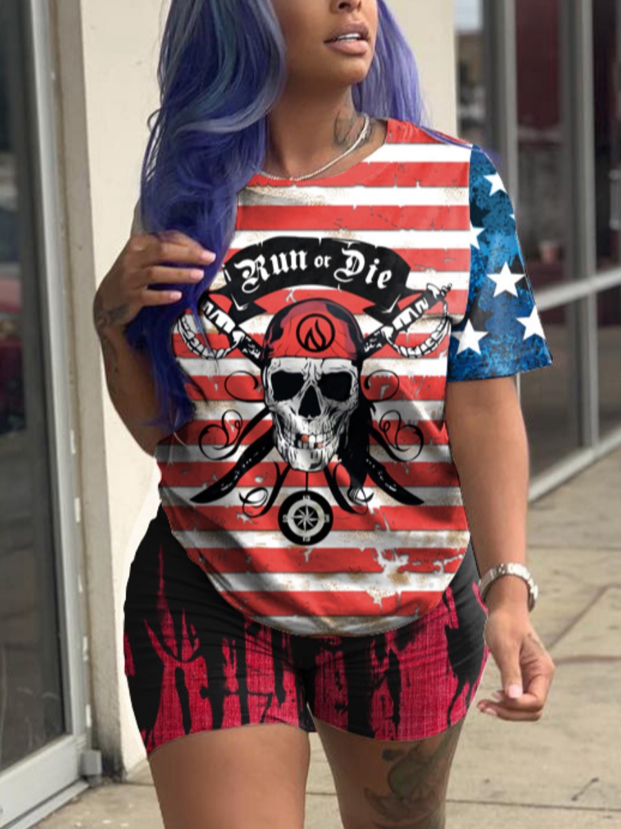 

Lovely Casual American Flag Skull Head Print Red Two Piece Shorts Set