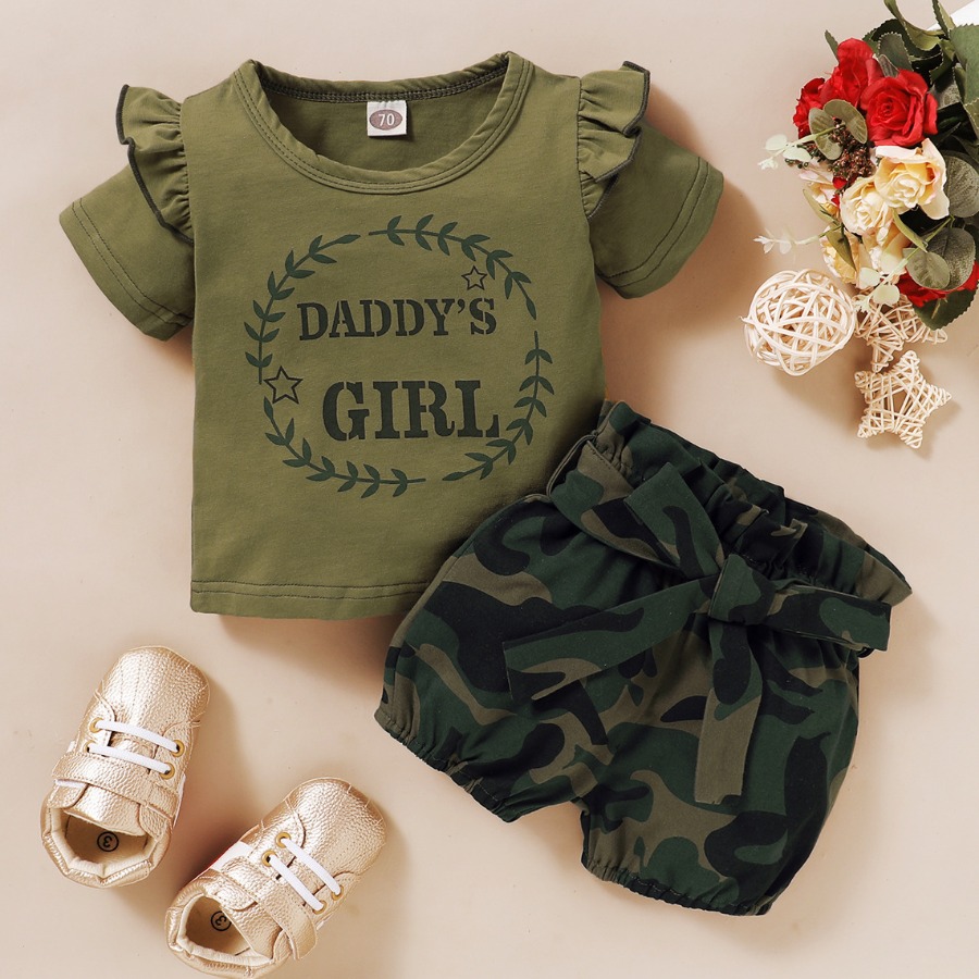 

Lovely Girl Casual Camo Print Flounce Design Green Two Piece Shorts Set