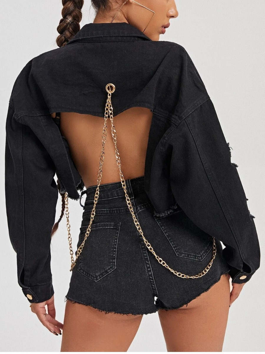 

Lovely Casual Ripped Chain Decoration Black Denim Coat