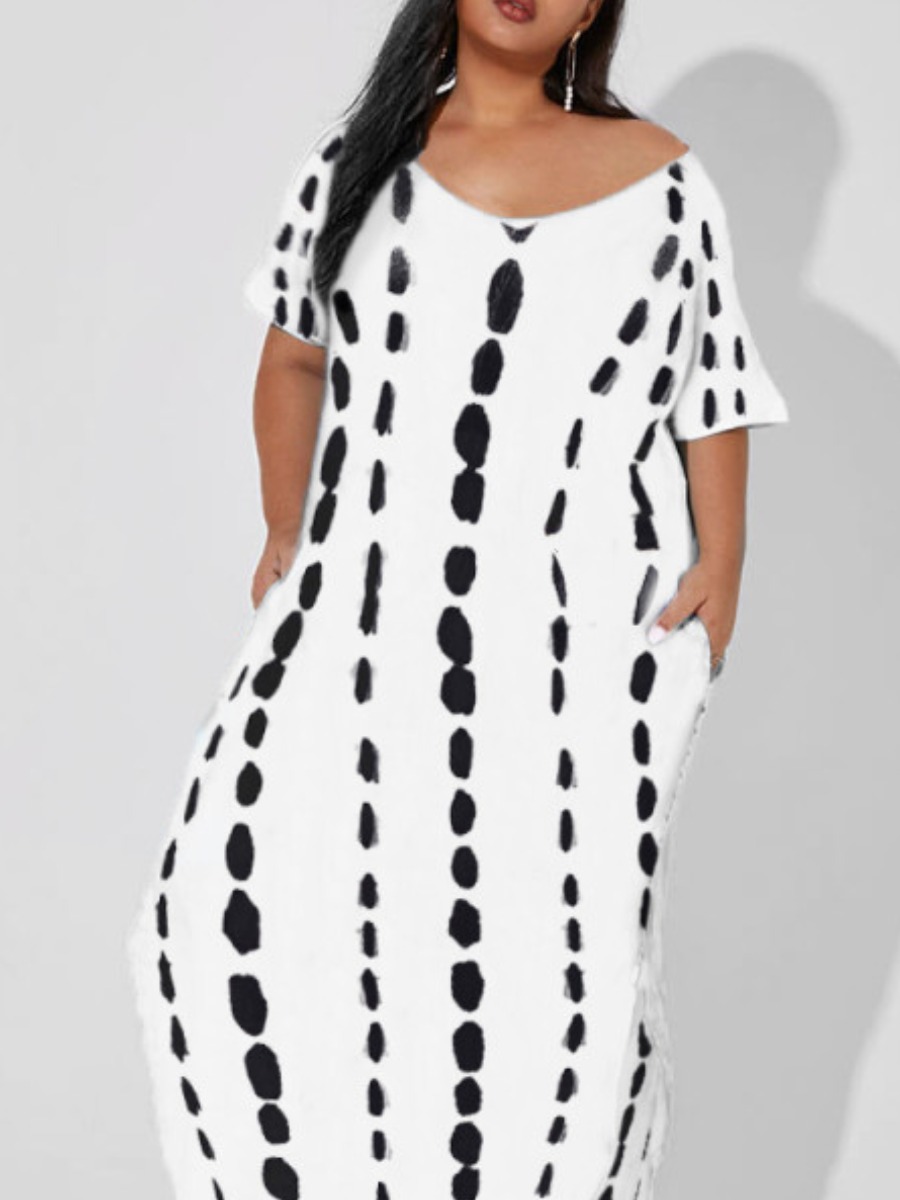 

Lovely Plus Size Round Neck Dot Print White Floor Length Dress