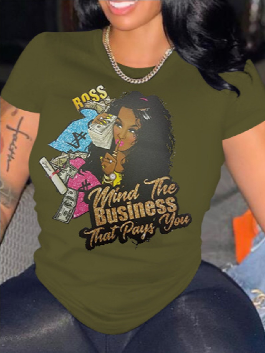

LW Plus Size Casual Figure Letter Print Army Green T-shirt