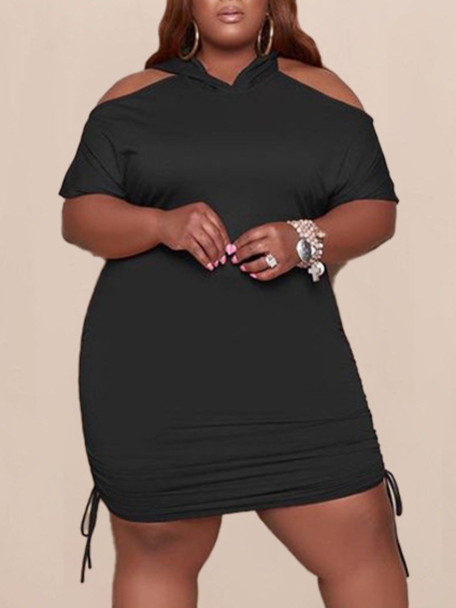 

Lovely Plus Size Casual Hooded Collar Hollow-out Drawstring Black Mini Dress