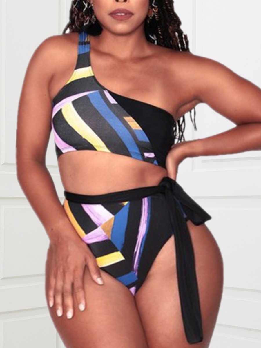 

Lovely Plus Size Boho One Shoulder Bandage Design Black Two-piece Swimsuit