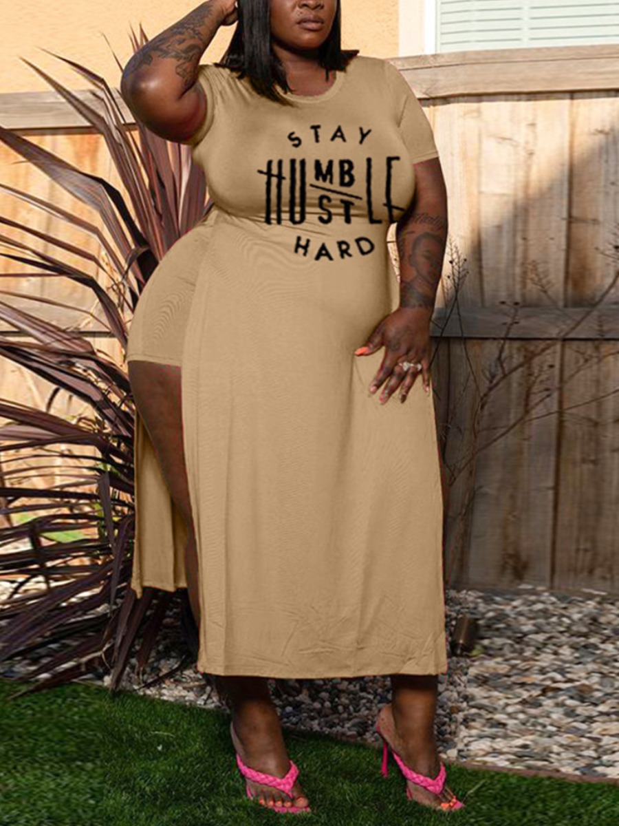 

Lovely Plus Size Casual Letter Print Split Khaki Two-piece Shorts Set