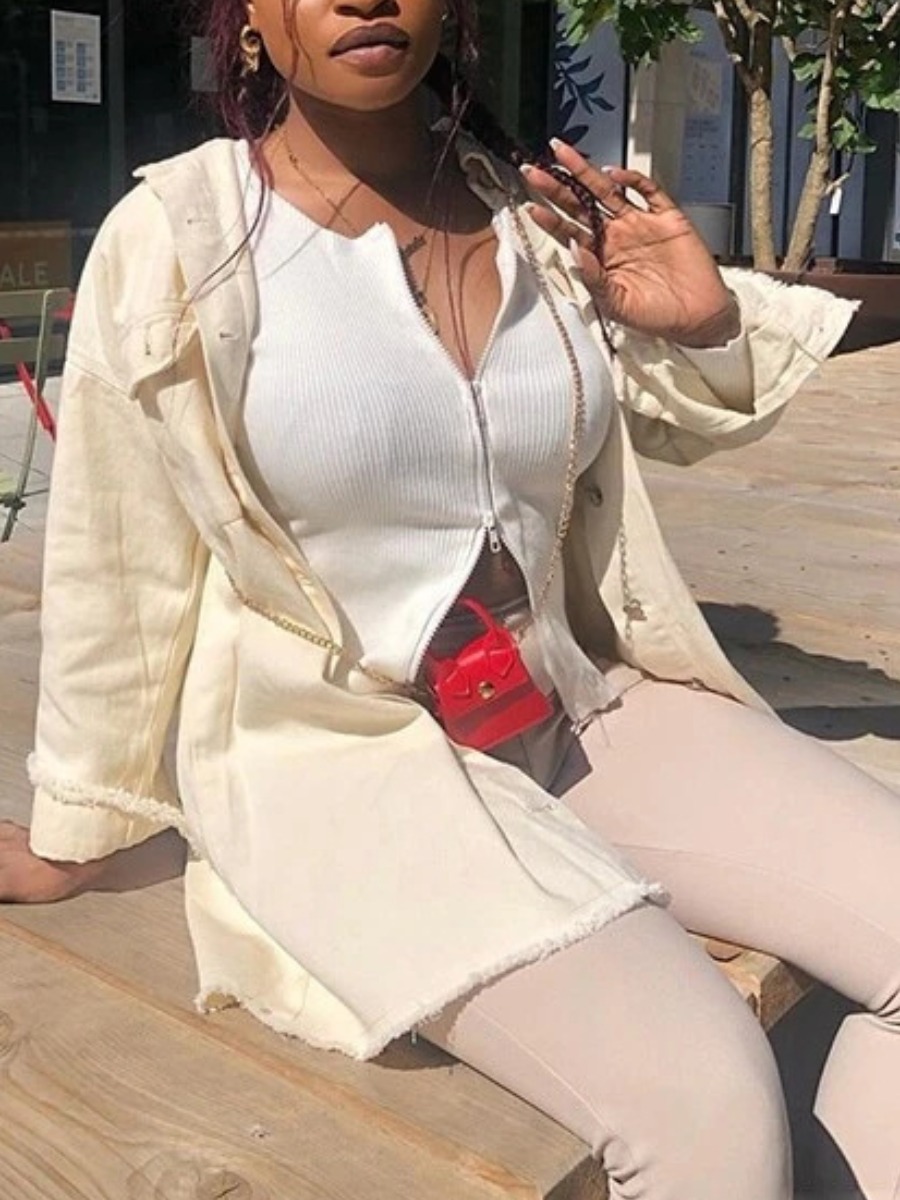 

Lovely Casual Button Design Raw Edge White Denim Coat