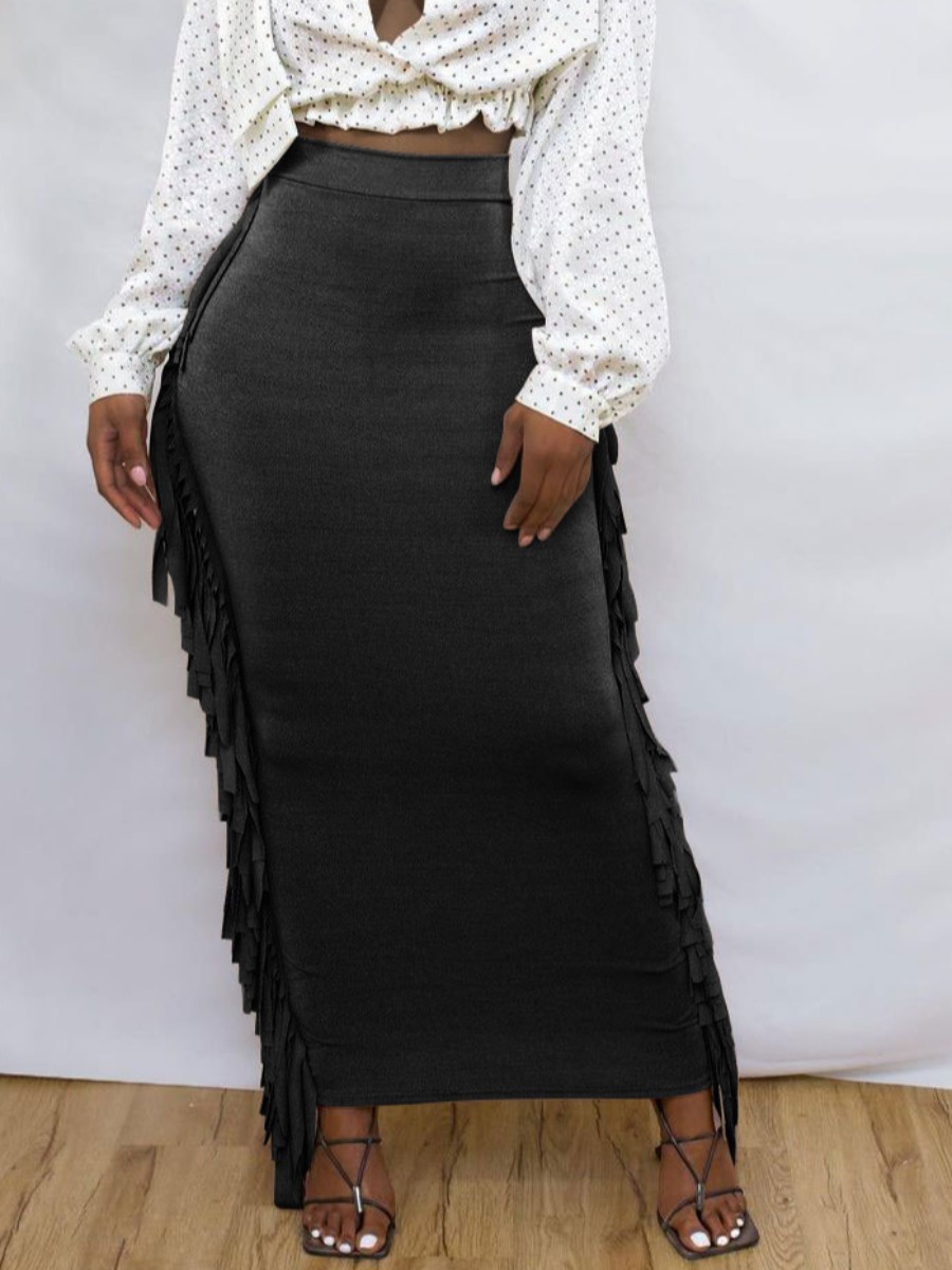 

Lovely Sexy High-waisted Tassel Design Black Ankle Length Skirt