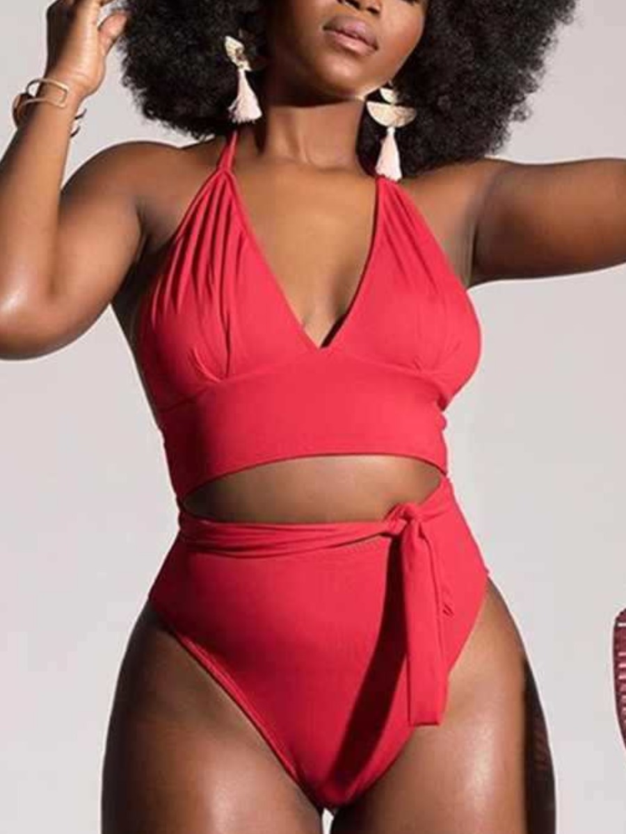 

Lovely Boho Bandage Design High-waisted Red Two-piece Swimsuit