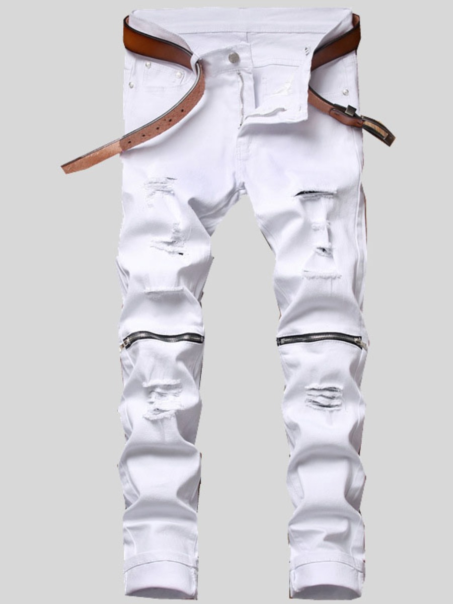 

LW Men Street High Stretchy Denim Ripped Zipper Design Jeans, White