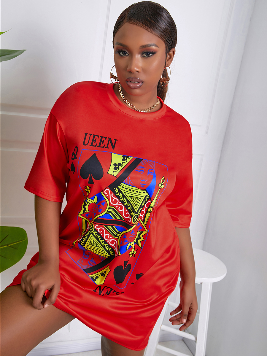 

Lovely Plus Size Street Poker Letter Print Red Mini Dress