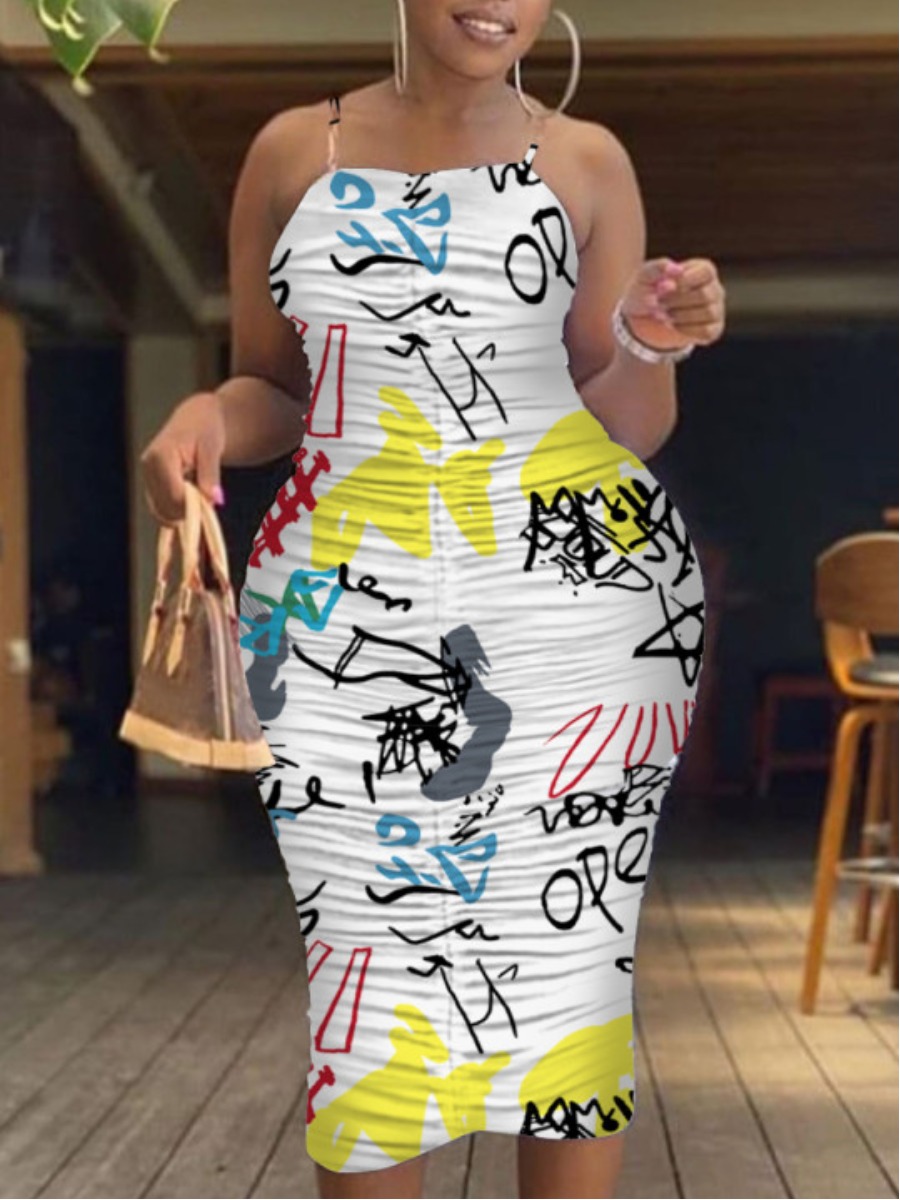 

LW BASICS Plus Size Casual Letter Print Ruched White Mid Calf Dress